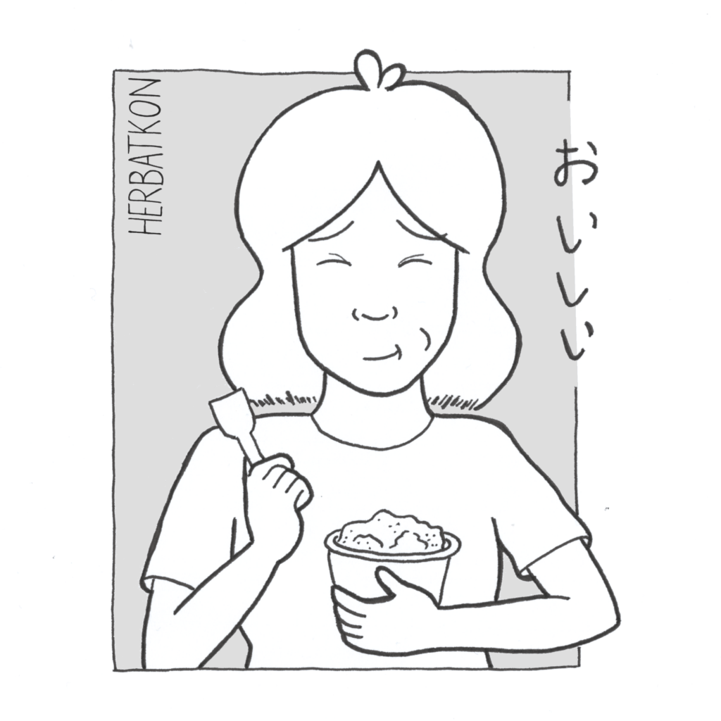 Rysunek pokazujący jak zajadam kakigori. W mojej interpretacji graficznej wygląda jak kupka piasku w krzywej miseczce. Jednak raczej jest smaczne, skoro na marginesie ilustracji jest napisane "oishii", co po japońsku oznacza "smaczne".