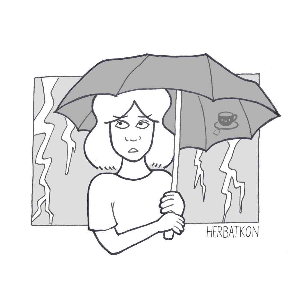 Ilustracja pokazująca jak z trwogą chowam się pod parasolem, otoczona błyskawicami. Kurczowo trzymam parasol obydwoma rękami żeby wiatr mi go nie porwał. Z grafiki wylewa się groza i deszcz. Okropieństwo!