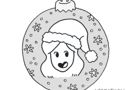 Ilustracja pokazująca okrągłą bombkę świąteczną. Jestem na niej narysowana w czapce Świętego Mikołaja, a dookoła dorysowany jest śnieg. Niestety na rysunku brakuje nitki, więc nie ma za bardzo jak powiesić tej wątpliwej ozdoby na choince... Ale na pewno jakiś cosplayer na konwencie miałby pożyczyć kawałek nitki!