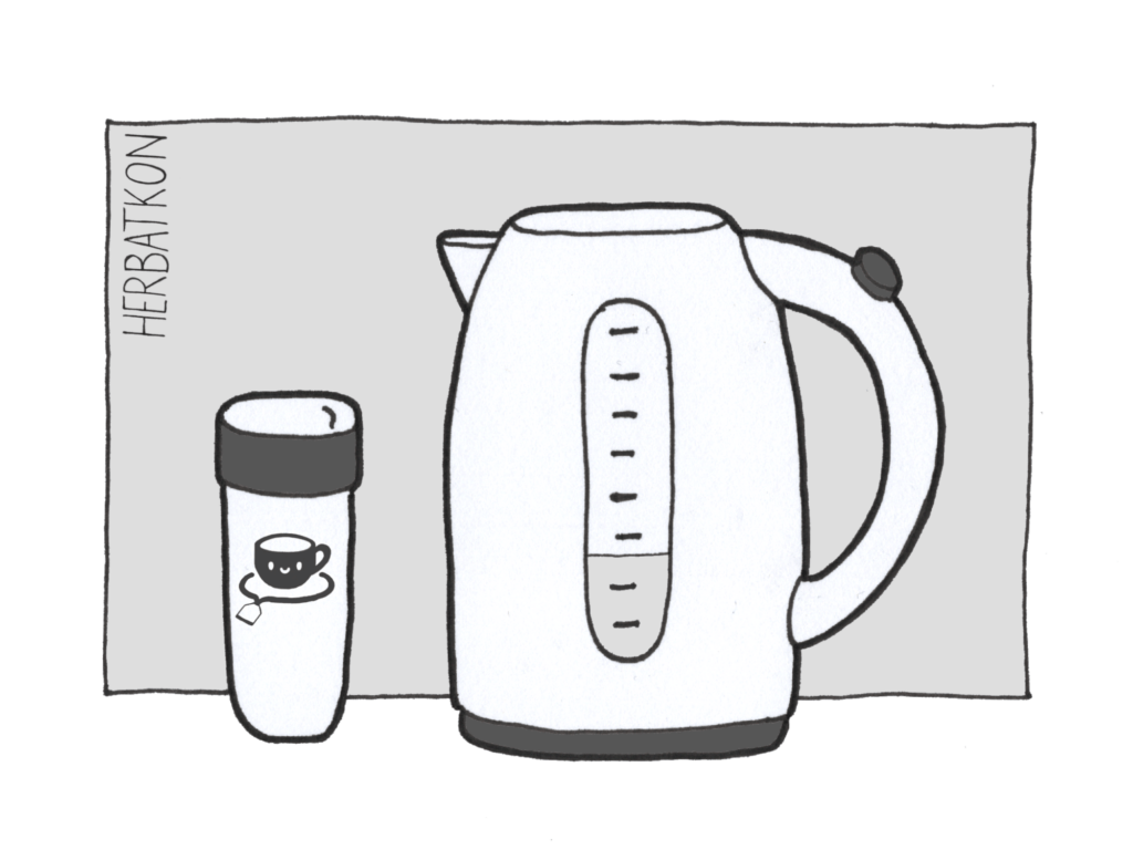 Ilustracja czajnika i mojego kubka termicznego. W sumie tyle, po prostu chciałam narysować czajnik, bo wiecie herbatkon!